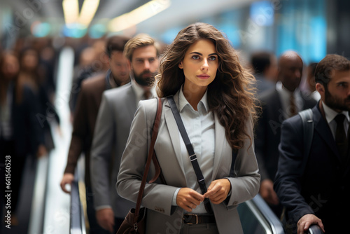 beautiful woman with long hair stand near escalator in large hall of office or business center