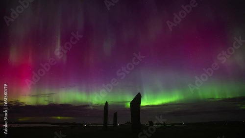 Over head Aurora at the Standing Stones of Stenness in Orkney 4K Time lapse photo