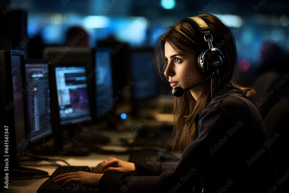 At a 911 emergency call center, a woman works diligently to assess and address the urgent needs of callers, with an expression of unwavering dedication. At a 911 emergency call center, a woman works diligently to assess and address the urgent needs of callers, with an expression of unwavering dedication.