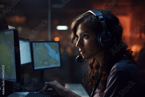 In a call center, a woman's attentive gaze focuses on a digital map, ensuring that the right assistance is dispatched promptly to those in crisis.  photo