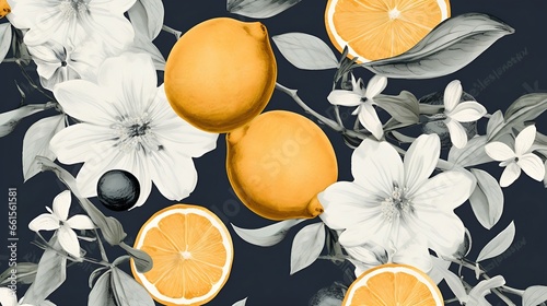 Beautiful fantasy vintage wallpaper botanical white flower and orange design, vintage motif for floral print digital background