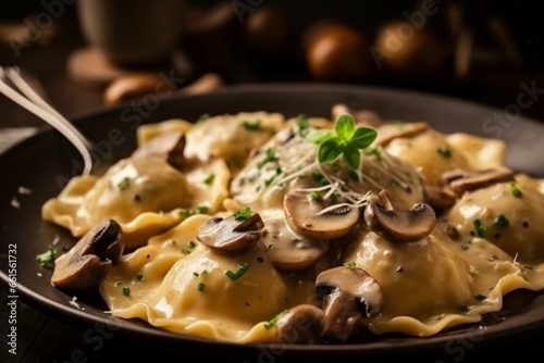 Close up shot of mouthwatering ravioli pasta in savory mushroom sauce. Generative AI