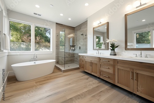 Elegant bathroom in upscale house featuring dual sink vanity, bathtub, mirror, shower, and wooden floor. Generative AI