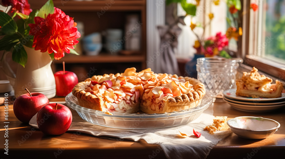 Festive American apple pie decorated with powdered sugar and pieces of apples stands on the countertop