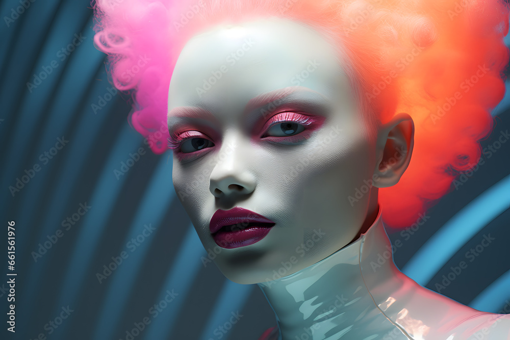 Albino woman futuristic portrait, luminous color palette
