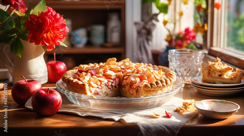 Festive American apple pie decorated with powdered sugar and pieces of apples stands on the countertop