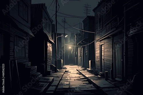 Illustration of a dark urban alleyway at night with dim lighting in the evening. Generative AI © Leandro