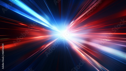 The movement of high-speed light results from the blending of red and blue light rays at night. The path of this light in the future is illuminated, a futuristic backdrop, high-tech.