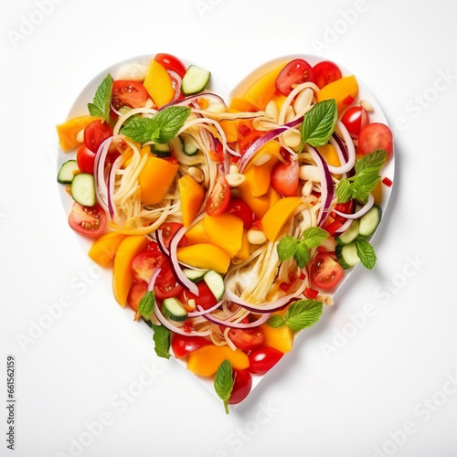 Top view of mix vegetable salad be arrange in heart shape isolated on white background. Healthy love food. Vegan lover.