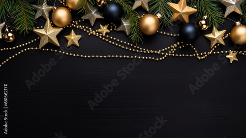 Merry Christmas, festive celebration holiday holidays greeting card - Gold ornaments (christmas baubles and stars) on black wooden table background, top view flat lay