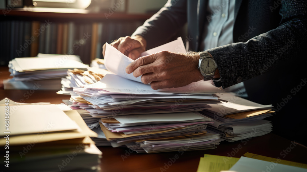 Businessman hands working in Stacks of paper files for searching information on work desk in office, business report papers. - obrazy, fototapety, plakaty 