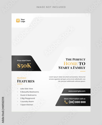 Sleek minimalist Real Estate poster banner featuring a refined palette of black and gold accents. Embrace the essence of sophistication as you showcase your property in a clean and elegant design.