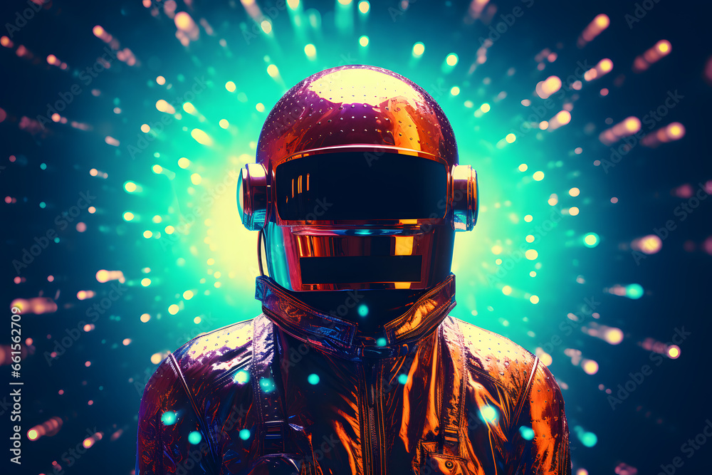 Portrait of Space man in glowing helmet, in the style of futuristic pop, luminous color palette Portrait of Space man in glowing helmet, in the style of futuristic pop, luminous color palette
