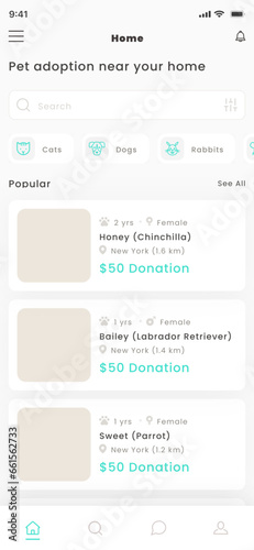 Cat, Dog Breeder, Rabbit, Bird, Kitty, Puppy, Guinea Pig and Pet Adoption and Animal rescue App UI Kit Template