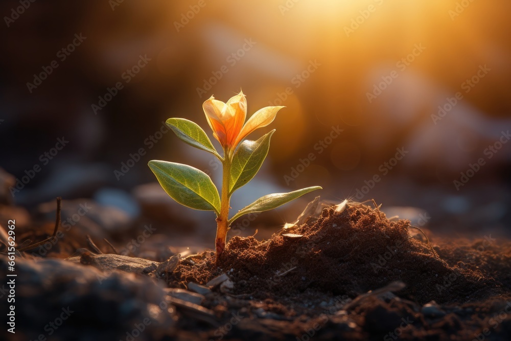 A small plant with a flower in the soil - obrazy, fototapety, plakaty 