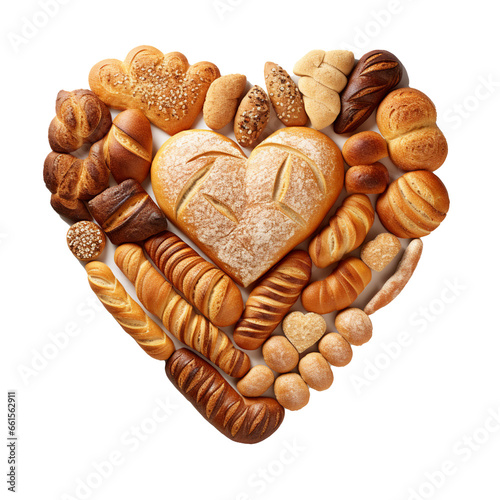 Pile of various Type of bread be arranged into heart shape isolated on white background.