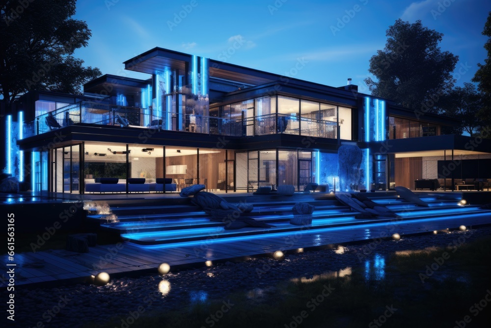 Modern country house with large windows and blue neon lighting