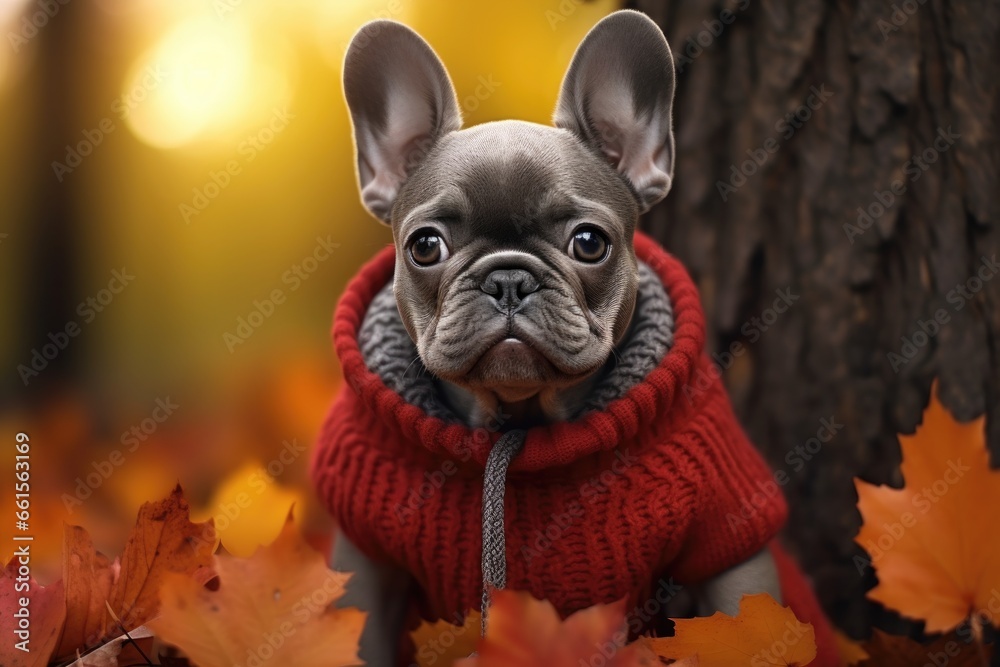 A French bulldog dog in a sweater sits in an autumn forest