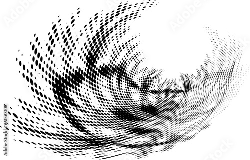 Halftone turbulent dotted or speckled radial symbol, logo, sign. Vector.