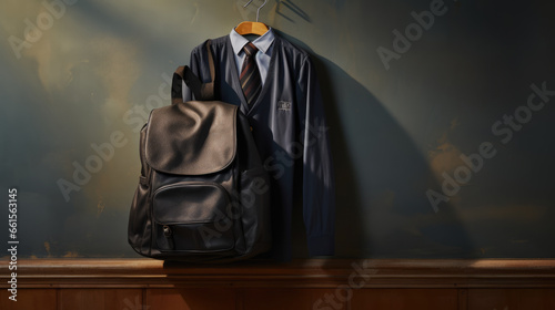 School uniform and schoolbag hanging on hook against wall.Created with Generative AI technology.
