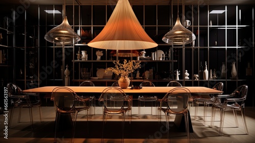 A philippe starck Inspired Dining room interior with glass chairs. Luxury style, Generative AI photo