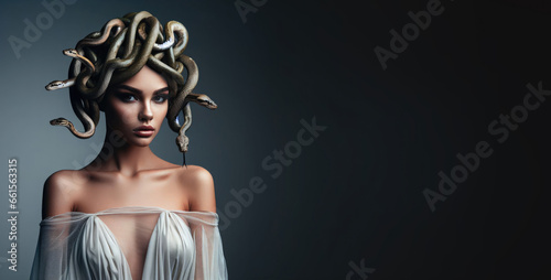 Mysterious Beauty of Medusa. Pretty intense gaze of Greek Mythology goddess queen Medusa and her snake head. photo
