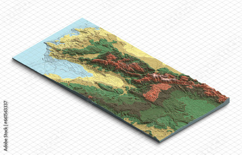 3d model map of Morocco. Terrain map, Isometric map virtual terrain 3d for infographic. Geography and topography planet earth flattened satellite view
