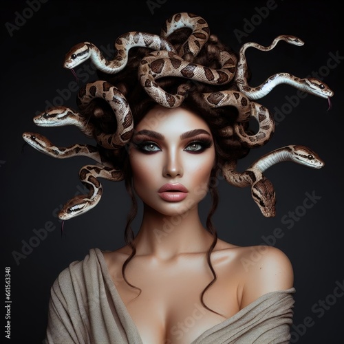 Feminine Power in Medusa's Story. Pretty intense gaze of Greek Mythology goddess queen Medusa and her snake head.