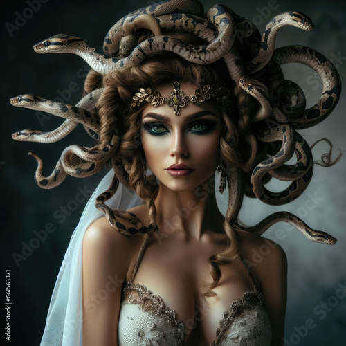 Medusa's Bronze Warrior Look. Pretty intense gaze of Greek Mythology goddess queen Medusa and her snake head. photo