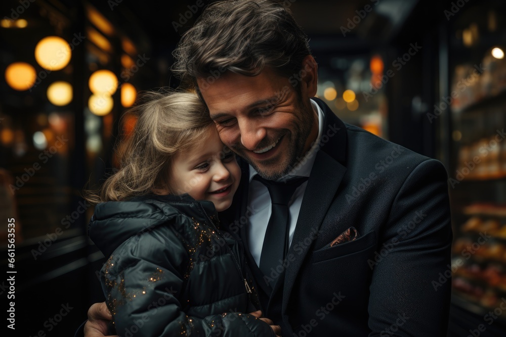 A business man hugs a child