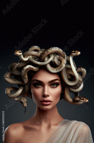 Medusa's Powerful Serpent Crown. Pretty intense gaze of Greek Mythology goddess queen Medusa and her snake head. photo