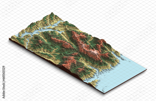 3d model map of South Korea. Terrain map, Isometric map virtual terrain 3d for infographic. Geography and topography planet earth flattened satellite view