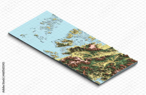 3d model map of South Korea. Terrain map, Isometric map virtual terrain 3d for infographic. Geography and topography planet earth flattened satellite view