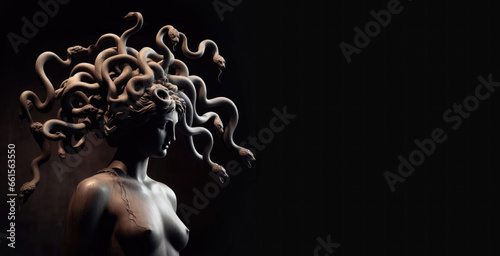 Medusa Statuesque Transformation. stone statue. Sake, serpent, crown head. Greek mythology. Medusa goddess.  photo