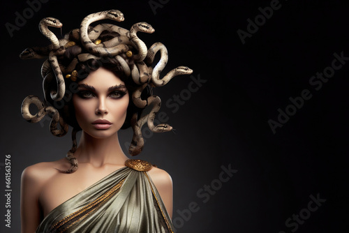 Medusa vs. Perseus: Epic Clash. Pretty intense gaze of Greek Mythology goddess queen Medusa and her snake head. photo