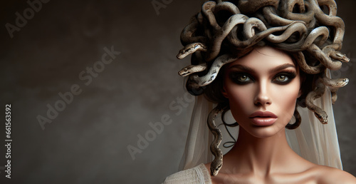 Greek Mythology: Medusa Portrait. Pretty intense gaze of Greek Mythology goddess queen Medusa and her snake head. photo