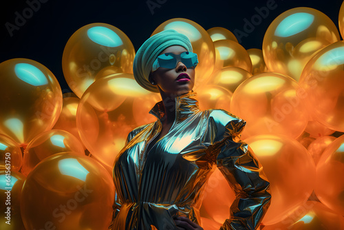 African woman in neon costume with colorful balloons, in the style of futuristic pop, luminous color palette