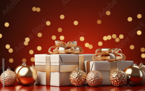 Elegant gift packages decorated with an eye-catching ribbon and several golden balls for the Christmas tree, on the red background many blurry gold lights, Christmas theme