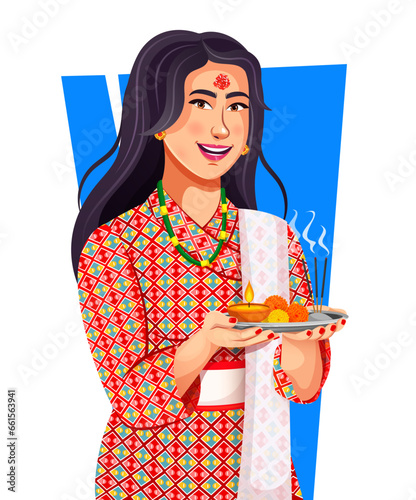 A Nepali beautiful woman wearing Traditional Nepali cloth and jewellery, Showing welcome gesture and holding decorated puja thali