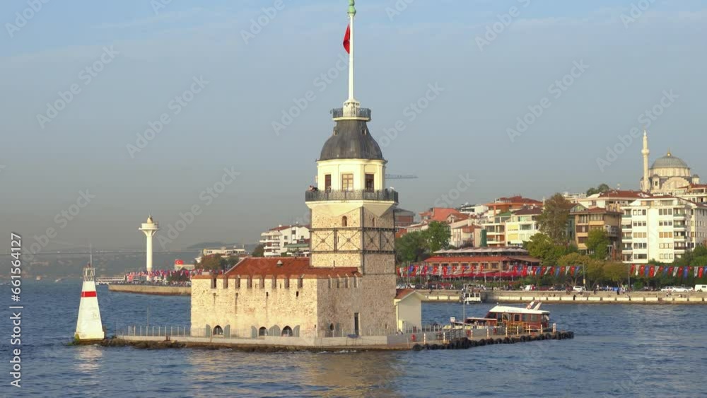 Close-up view of the Maiden's Tower. Aerial vehicle circling around the Maiden's Tower. A sunny summer day in Istanbul.Uskudar,Istanbul,Turkey. Close-up view of the Maiden's Tower. Aerial vehicle circling around the Maiden's Tower. A sunny summer day in Istanbul.Uskudar,Istanbul,Turkey.