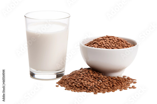 Flaxseeds and Milk Glass Together on isolated background