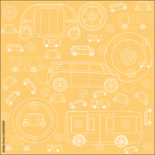 background illustration of future cars, self driving cars, electric cars and their wheels in vector. in yellow
