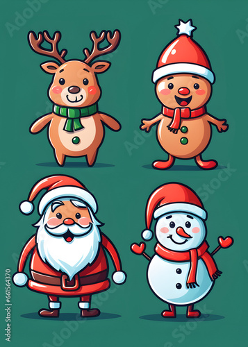 Set of 4 stickers with santa, snowman, reindeer and gingerbread. Generative AI © Sylvie Bird