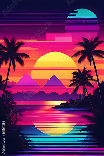 80s tropical sunset. Generative AI