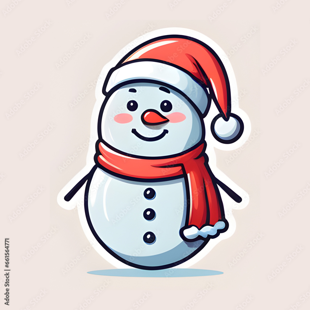 Snowman with santa hat, cartoon illustration isolated. Generative AI
