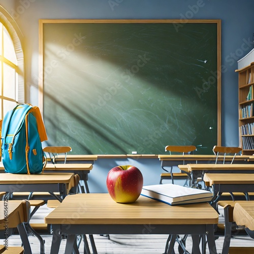 Vuelta al cole (Aula del colegio con mesas y sillas, una mochila, manzana y libro) photo