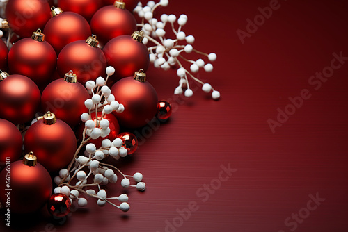 Decorative red Christmas balls on a red background with space for inserting text and logos, Christmas theme