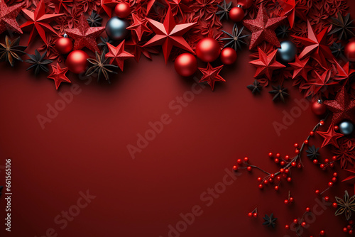 Christmas decorations on red background, top view with space for inserting text and logos, Christmas theme
