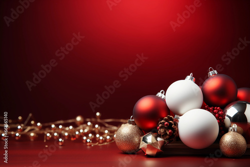 Decorative red Christmas balls on a red background with space for inserting text and logos, Christmas theme