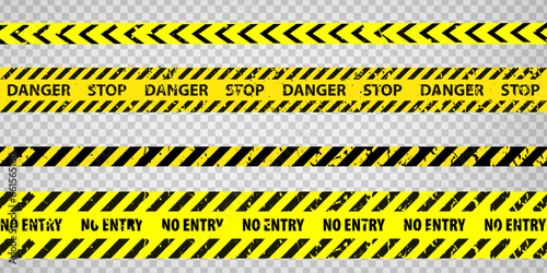 Black and yellow police stripe border, construction, danger caution tapes set. Set of danger caution grunge tapes.  Warning signs for your  design on transparent background. EPS10